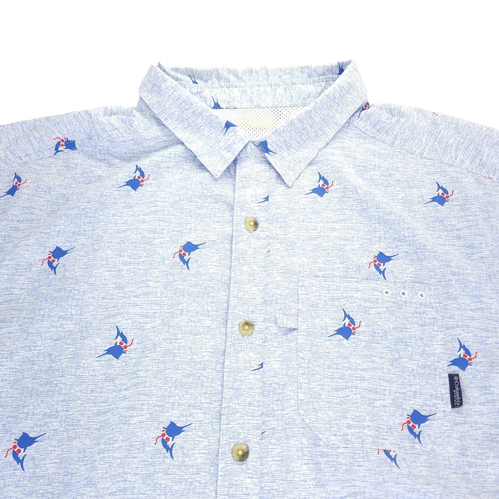 Columbia PFG Shirt Men XL All‎ Over Print Swordfish Marlin Fishing Caped Venting